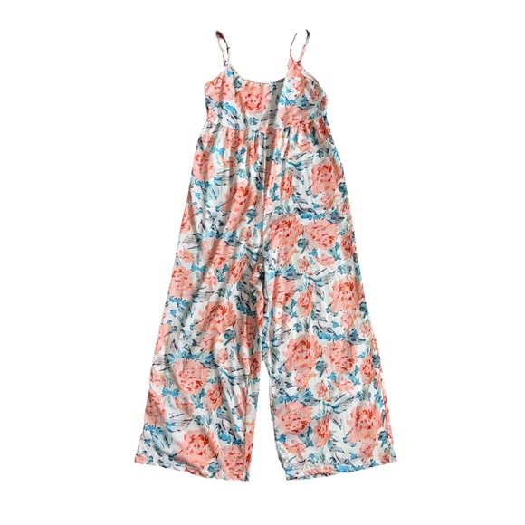 Pants - Jumpsuit Teal Orange Floral Adjustable Spaghetti Strap Wide Leg Flowy Size Med